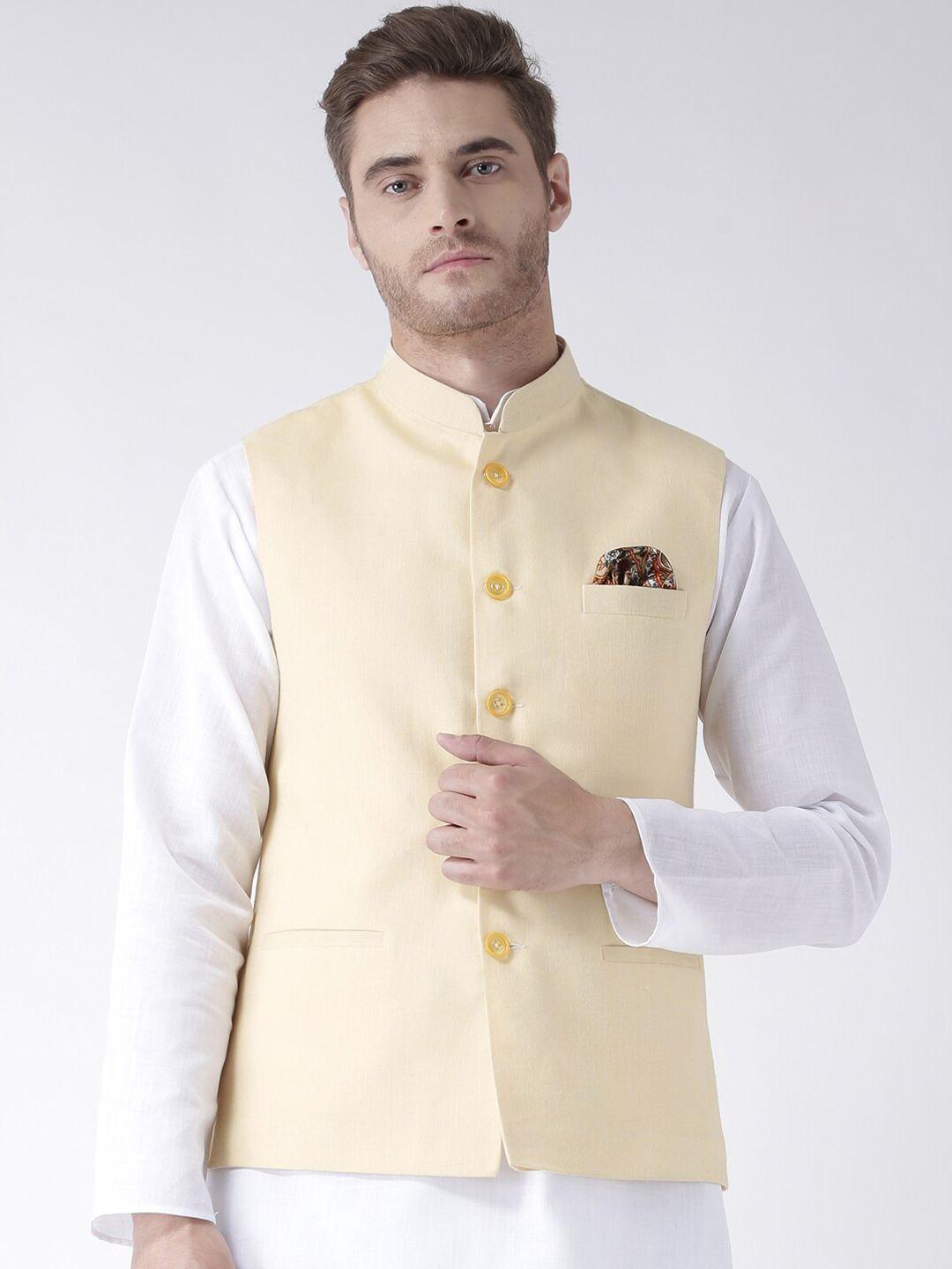 hangup men yellow solid regular fit linen nehru jacket