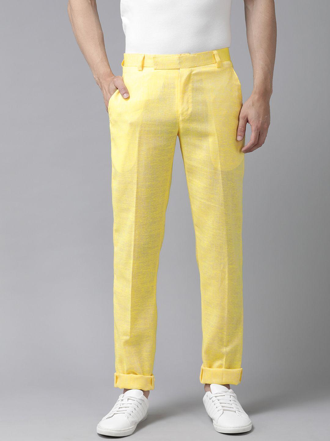 hangup men yellow solid regular fit regular trousers