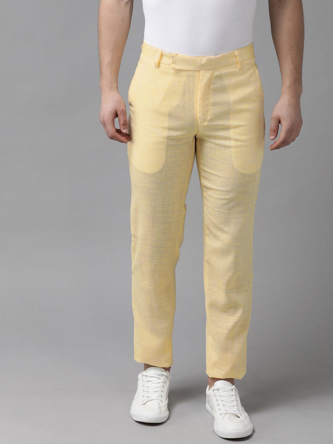 hangup men yellow solid regular fit regular trousers