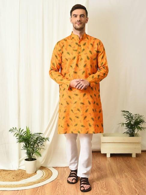 hangup mustard regular fit graphic kurta & pyjamas set