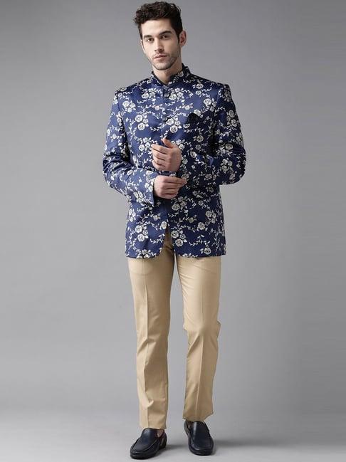 hangup navy & beige regular fit floral print two piece suit