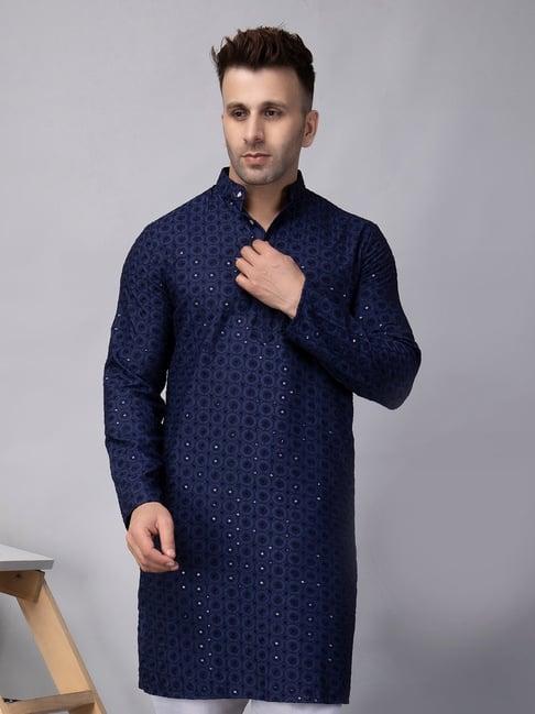 hangup navy regular fit embroidered kurta