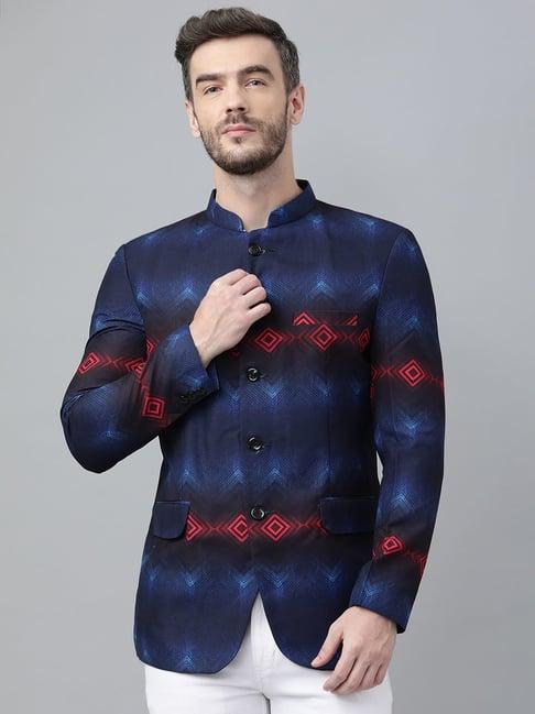 hangup navy regular fit printed blazer