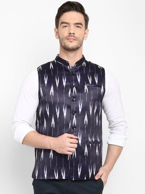 hangup navy regular fit printed nehru jacket