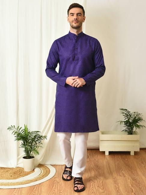 hangup navy regular fit texture kurta & pyjamas set