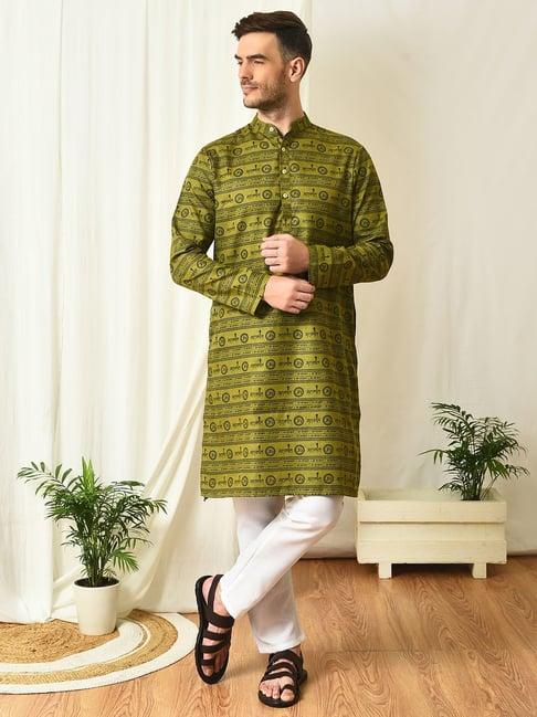 hangup olive regular fit graphic kurta & pyjamas set