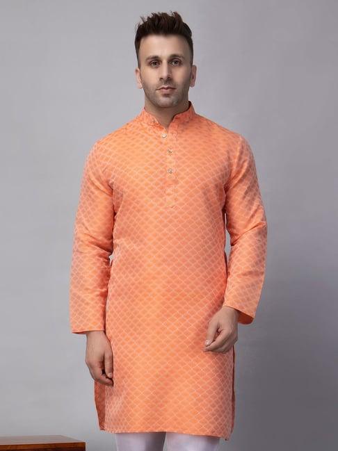 hangup orange regular fit jacquard mandarin collar kurta