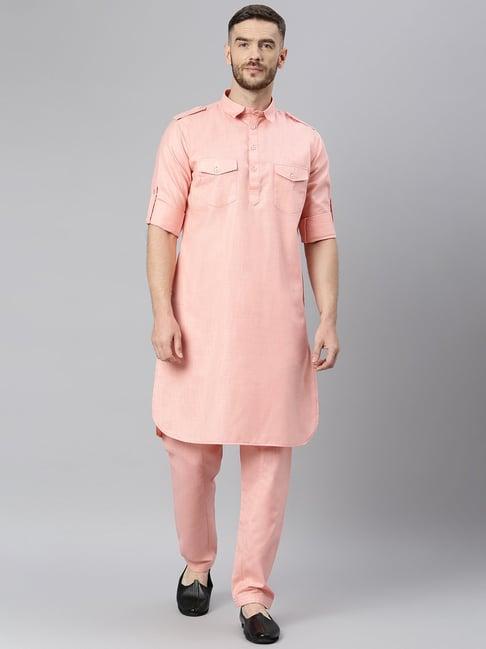 hangup peach solid full sleeves pathani kurta set