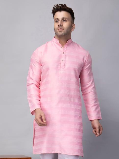 hangup pink regular fit jacquard mandarin collar kurta