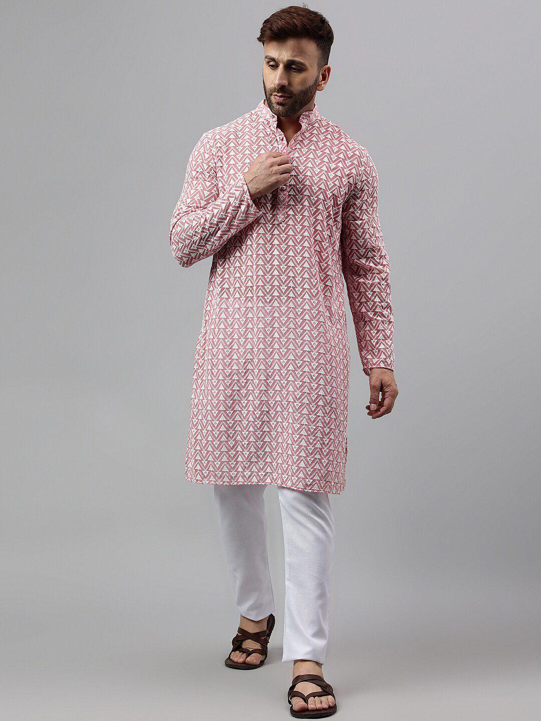 hangup plus geometric mandarin collar full sleeves thread work straight kurta with pyjamas