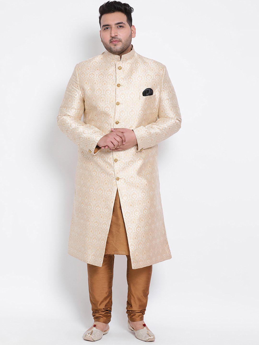 hangup plus men beige & brown woven-design sherwani set
