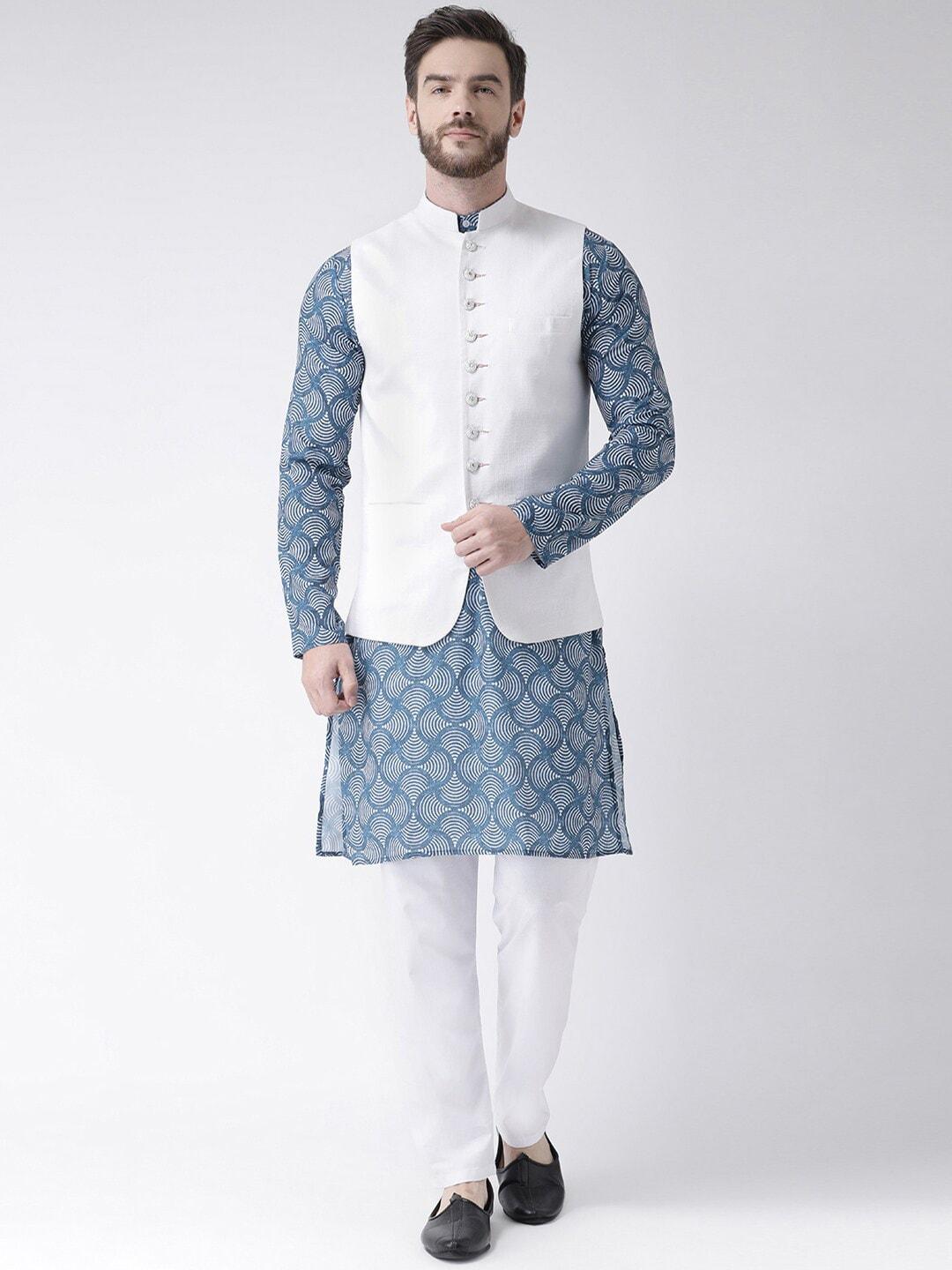 hangup plus men ethnic motifs printed pure cotton kurta with pyjamas and nehru jacket