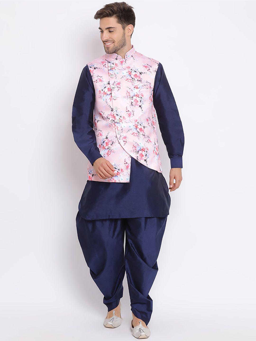 hangup plus men floral kurta with pyjamas and printed nehru jacket