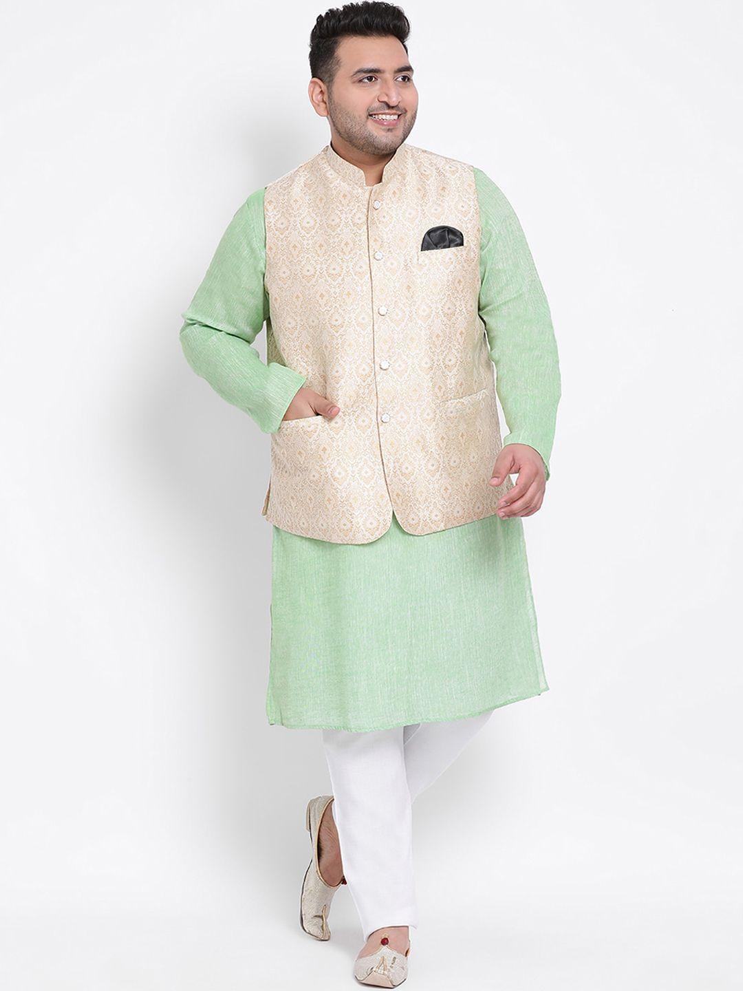 hangup plus men green linen kurta with trousers & nehru jacket