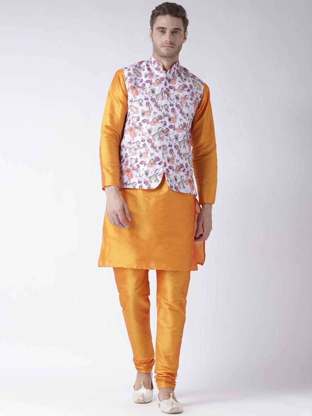 hangup plus men kurta with churidar and printed nehru jacket set