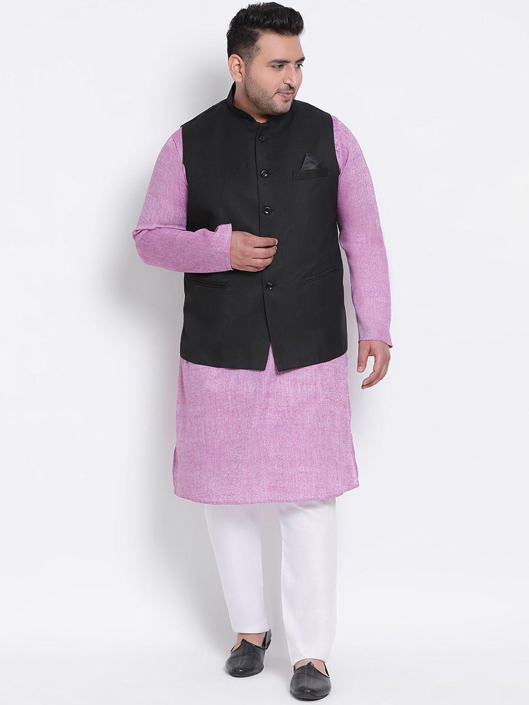 hangup plus men lavender linen kurta with pyjamas & nehru jacket