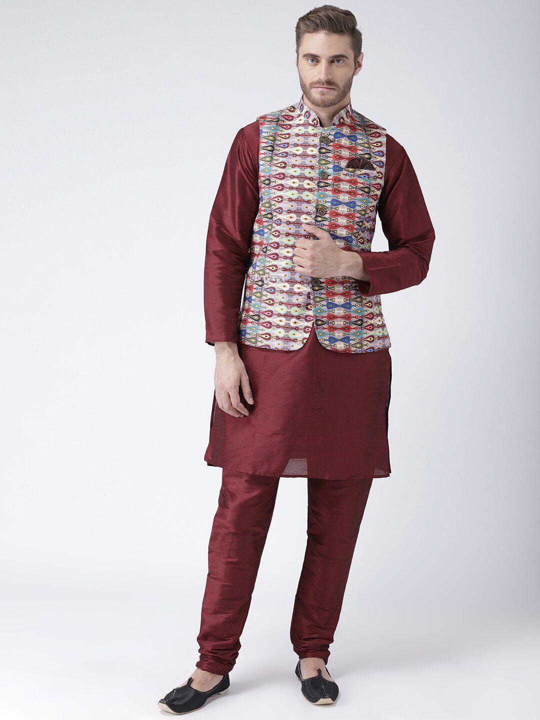 hangup plus men mandarin collar kurta with churidar & nehru jacket