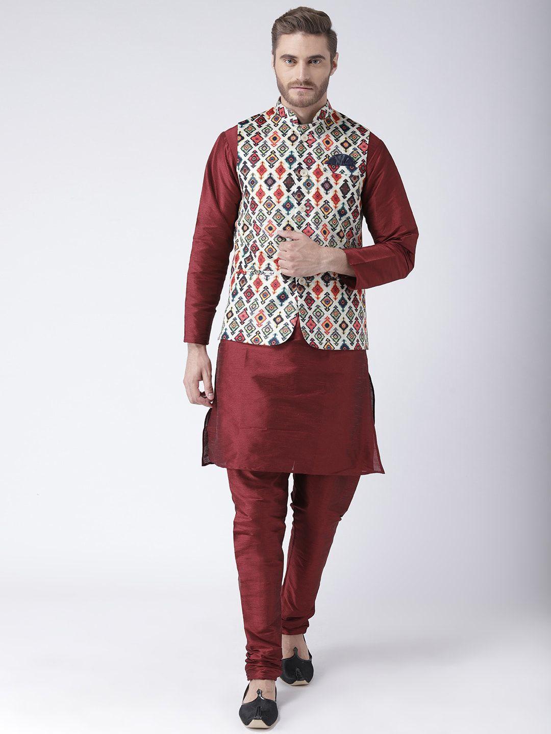 hangup plus men mandarin collar linen kurta with churidar & nehru jacket