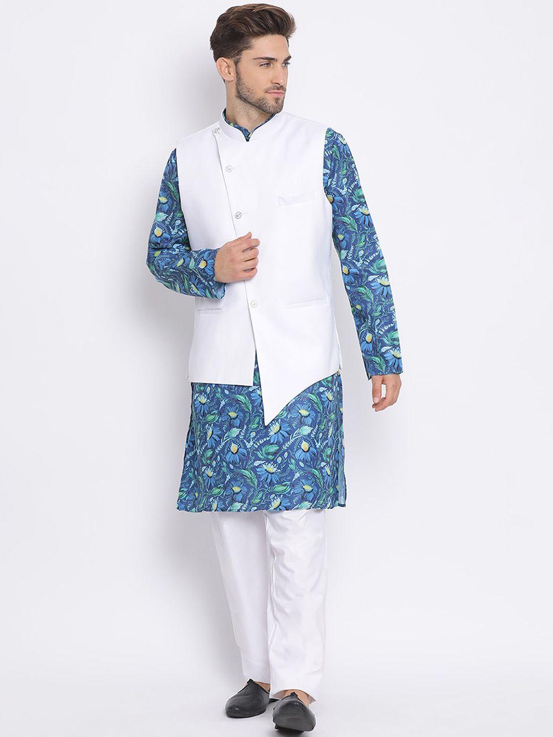 hangup plus men mandarin collar printed kurta with pyjamas & nehru jacket