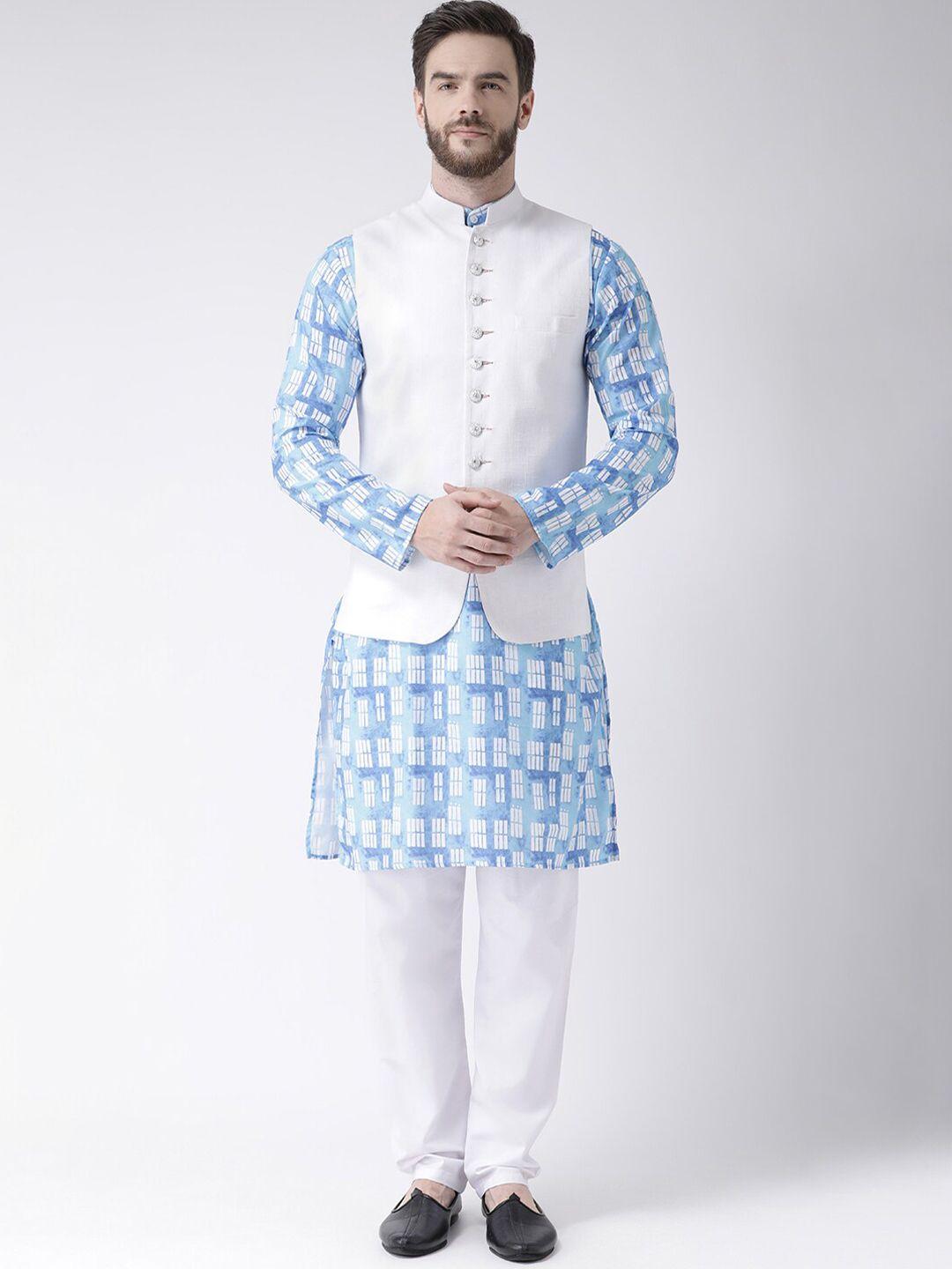 hangup plus men mandarin collar printed pure cotton kurta with pyjamas with nehru jacket