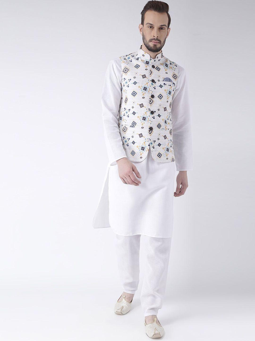 hangup plus men mandarin collar pure cotton kurta with pyjamas & nehru jacket