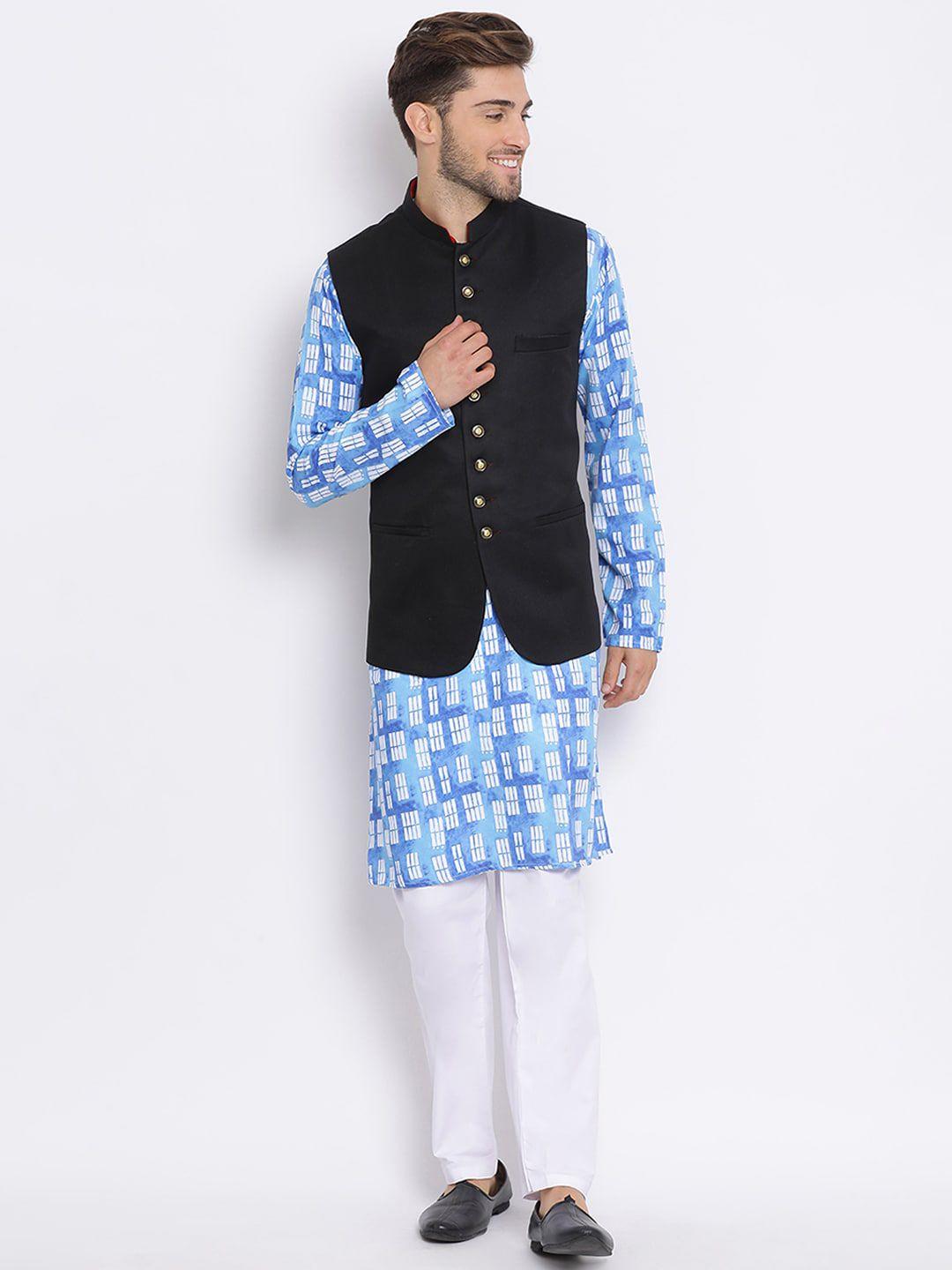 hangup plus men printed kurta set with nehru jacket