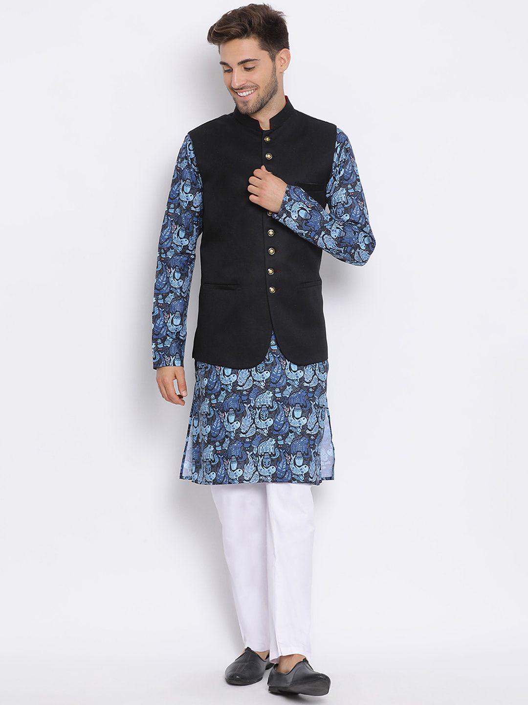 hangup plus men printed kurta with pyjamas & nehru jacket