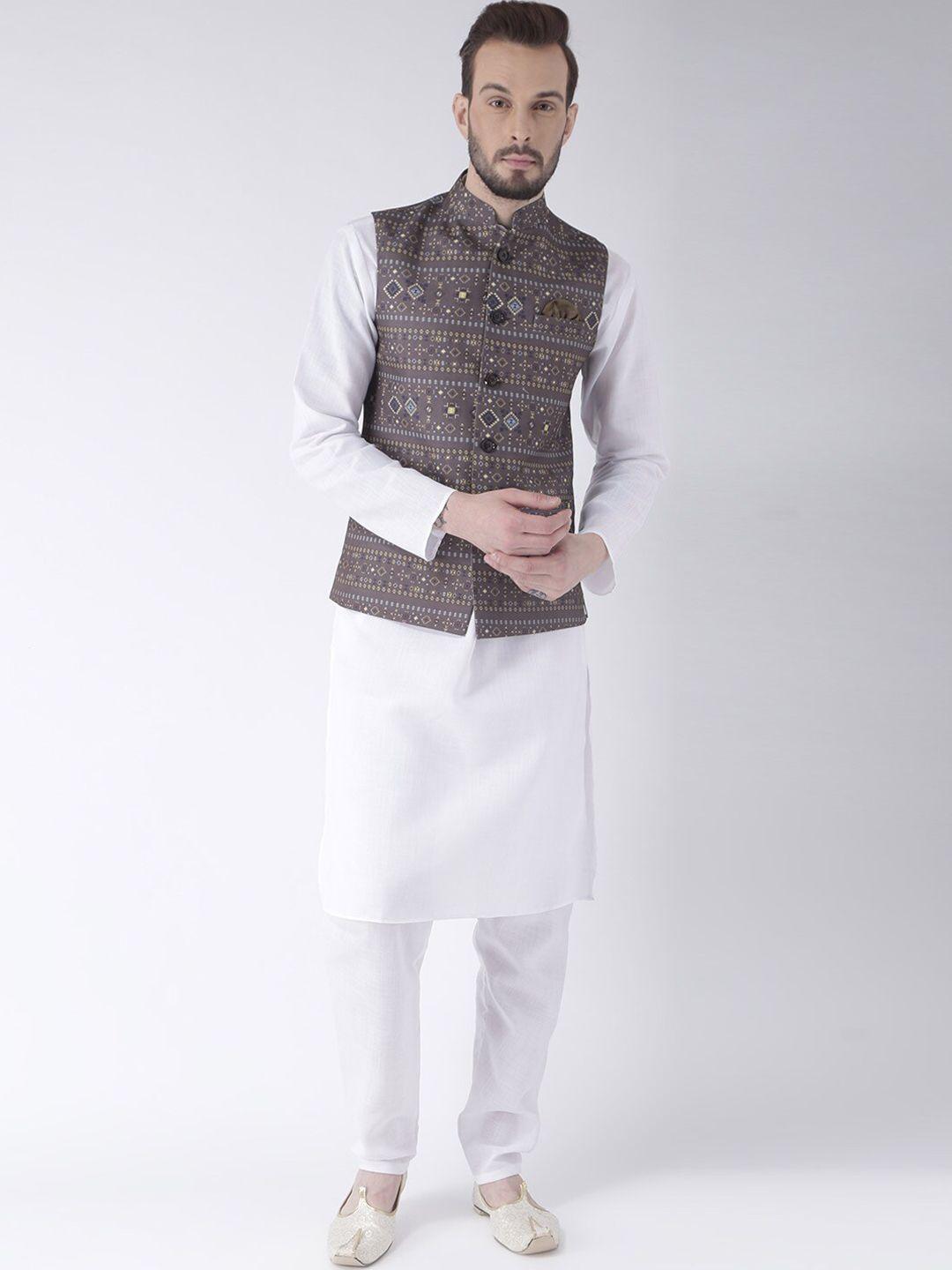 hangup plus men pure cotton kurta with pyjamas & nehru jacket