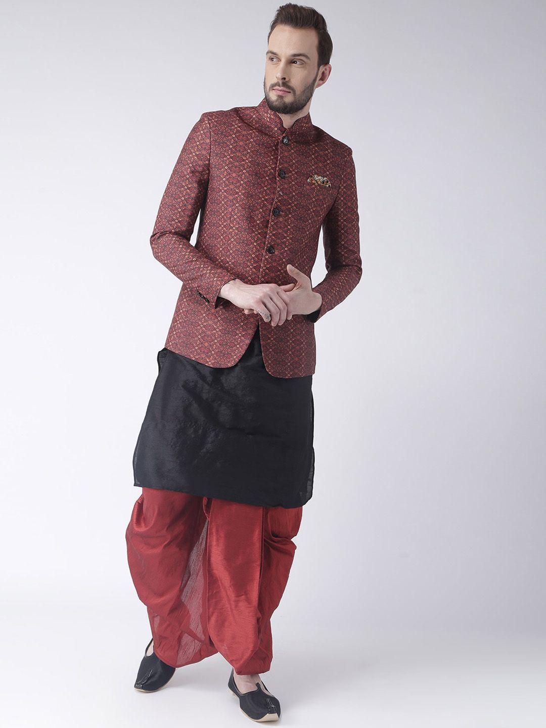 hangup plus men raw silk kurta with dhoti pants & jacket set