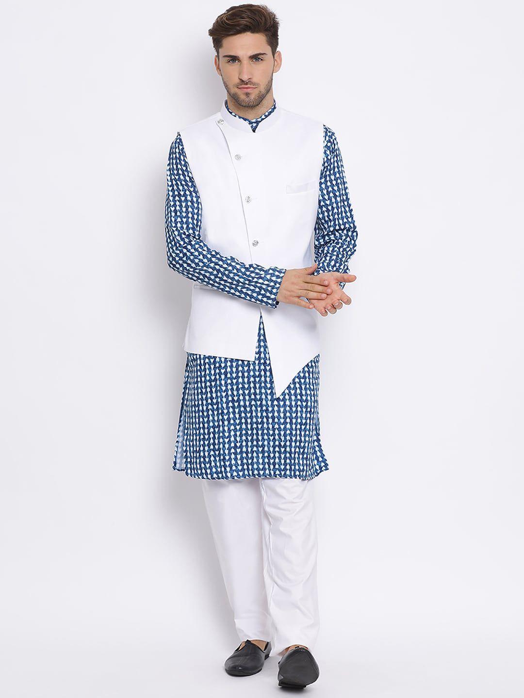 hangup plus men white printed kurta with pyjamas & jacket