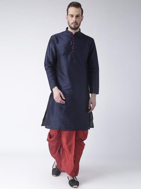 hangup plus navy & maroon regular fit kurta & dhoti set