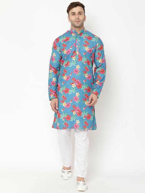 hangup plus turquoise & white regular fit kurta & pyjamas set