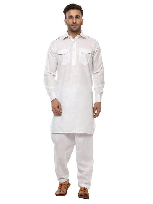 hangup plus white regular fit pathani kurta & pyjamas set