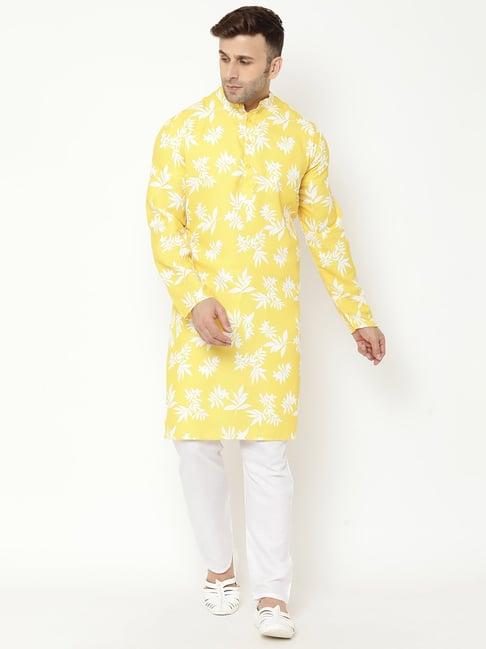 hangup plus yellow & white regular fit kurta & pyjamas set