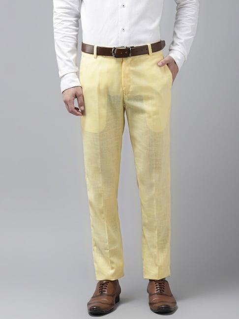 hangup plus yellow regular fit cotton linen flat front trousers
