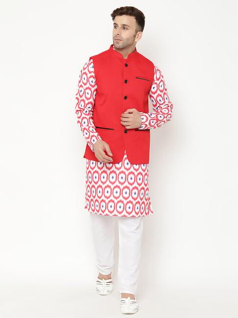 hangup red & white regular fit printed kurta bottom & jacket set