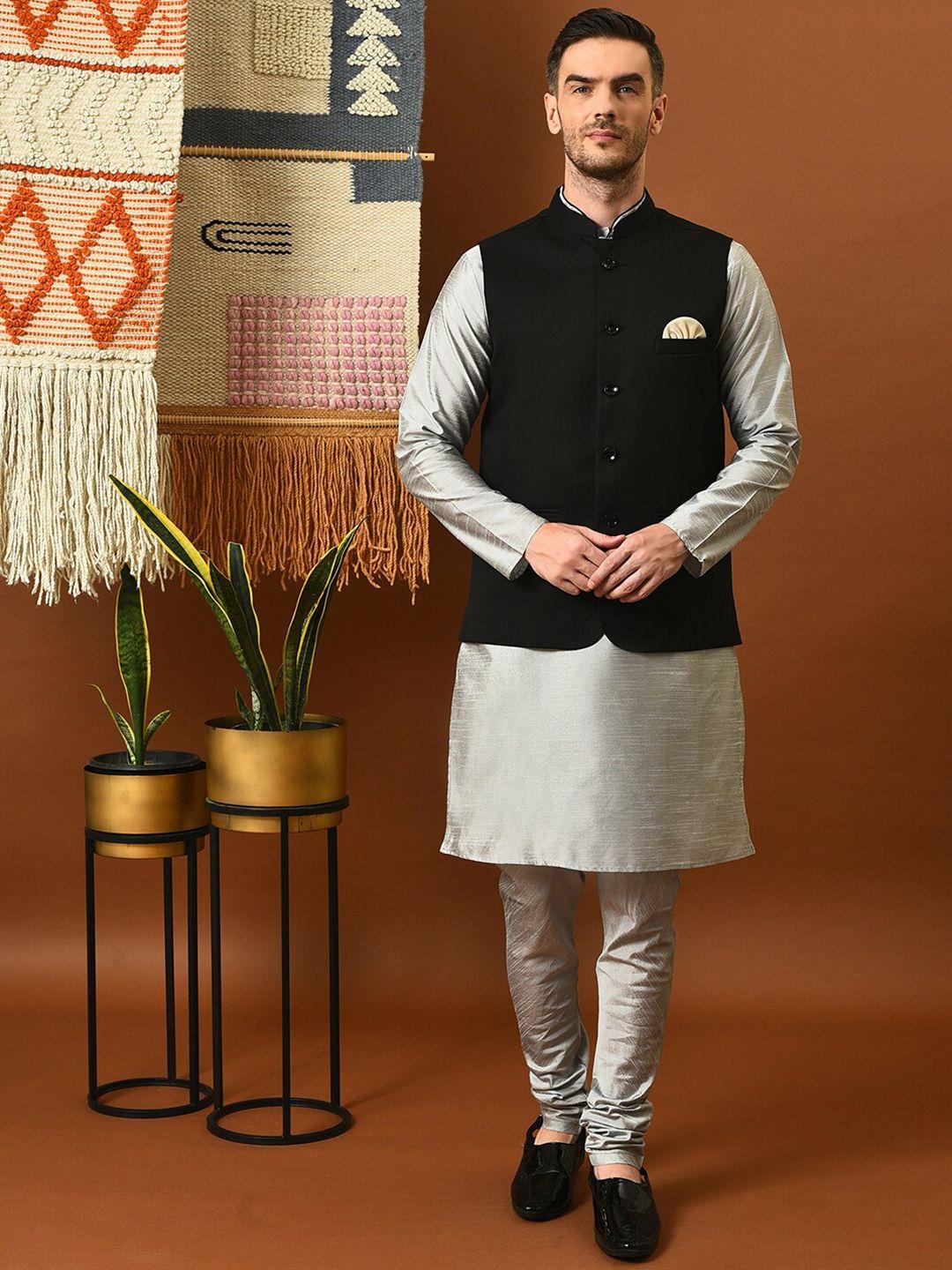 hangup solid kurta with churidar & nehru jacket