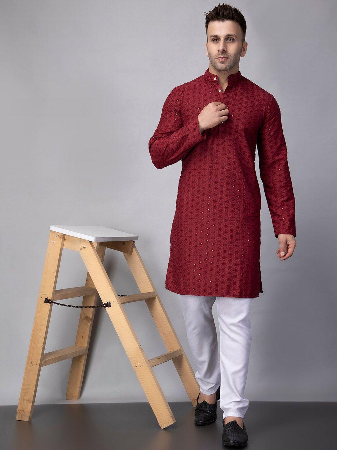 hangup trend ethnic motifs thread work mandarin collar straight kurta with pyjamas