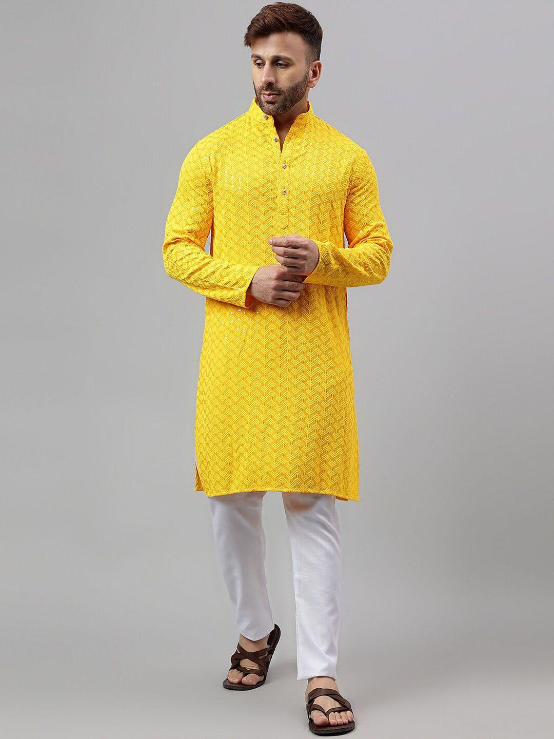 hangup trend geometric embroidered mandarin collar straight kurta with pyjamas