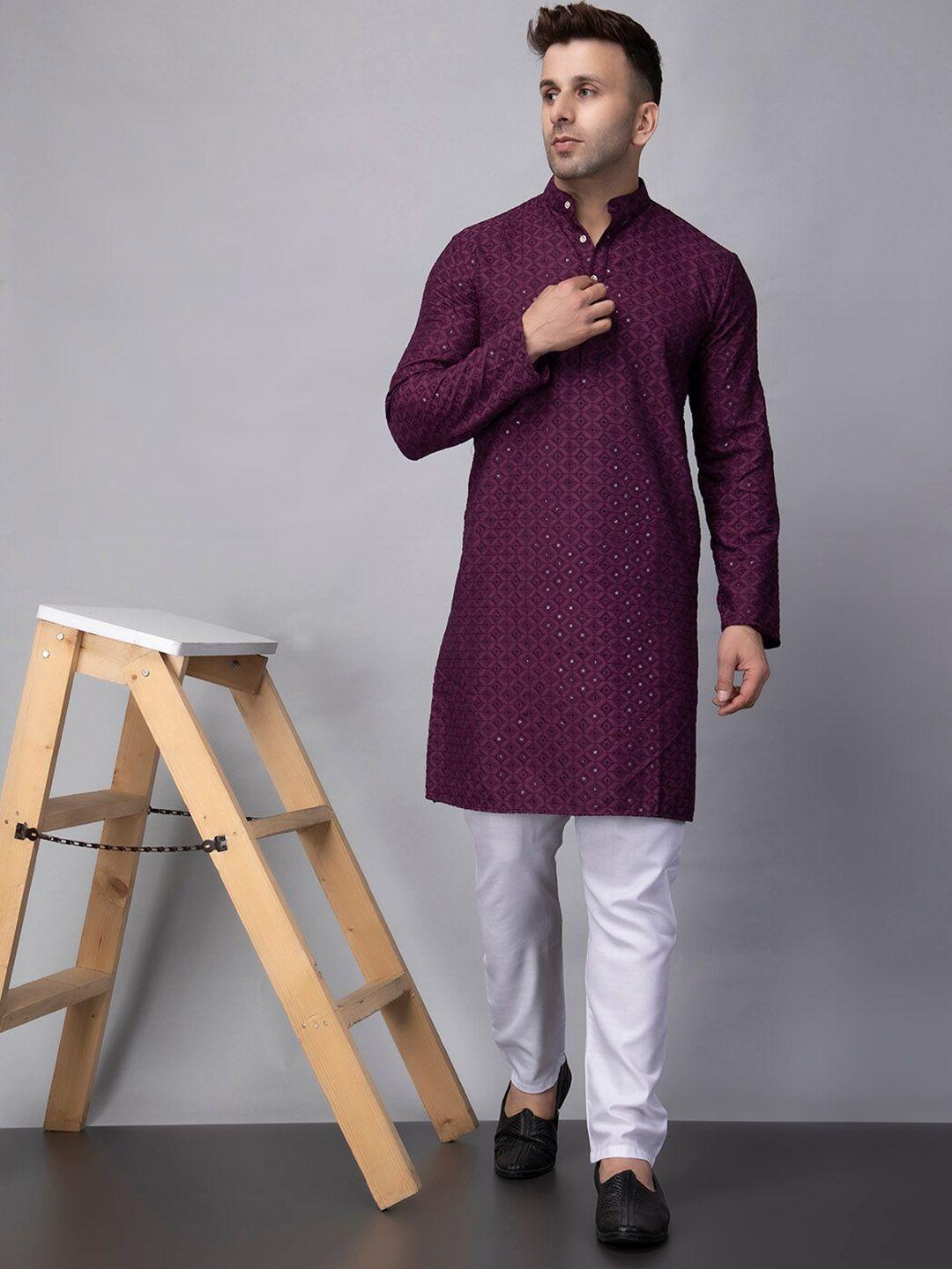 hangup trend geometric embroidered mandarin collar straight kurta with pyjamas