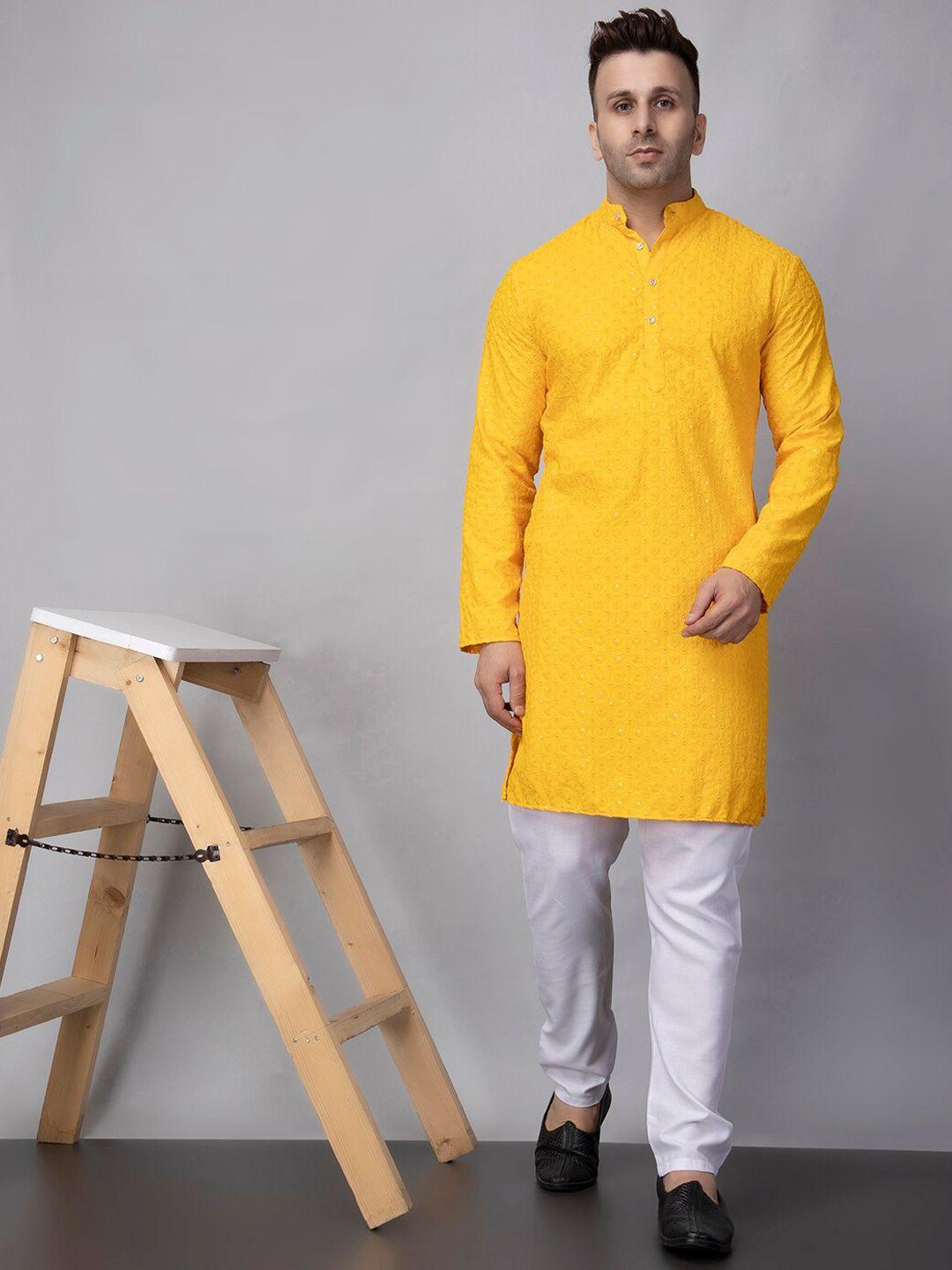 hangup trend geometric embroidered mandarin collar straight kurta with pyjamas