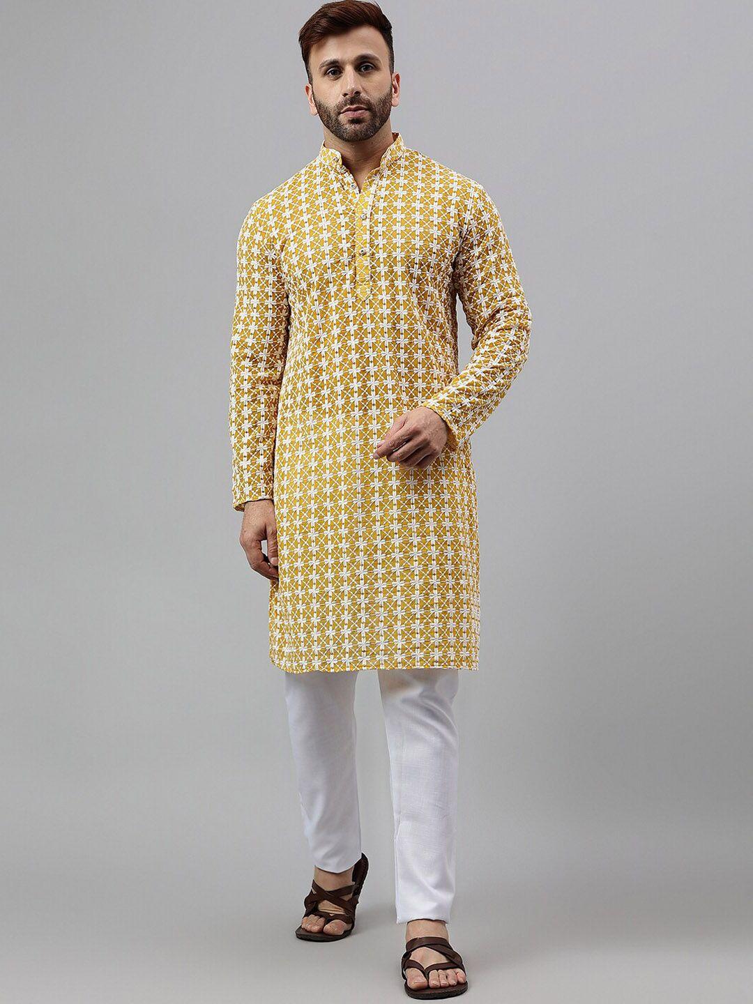 hangup trend geometric embroidered mandarin collar straight kurta with pyjamas