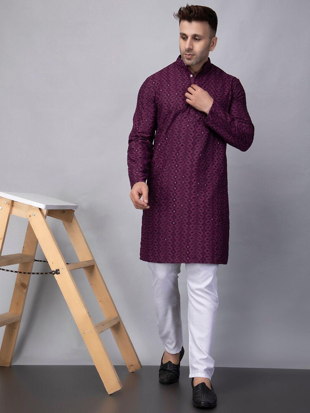 hangup trend geometric embroidered regular mandarin collar straight kurta with pyjamas