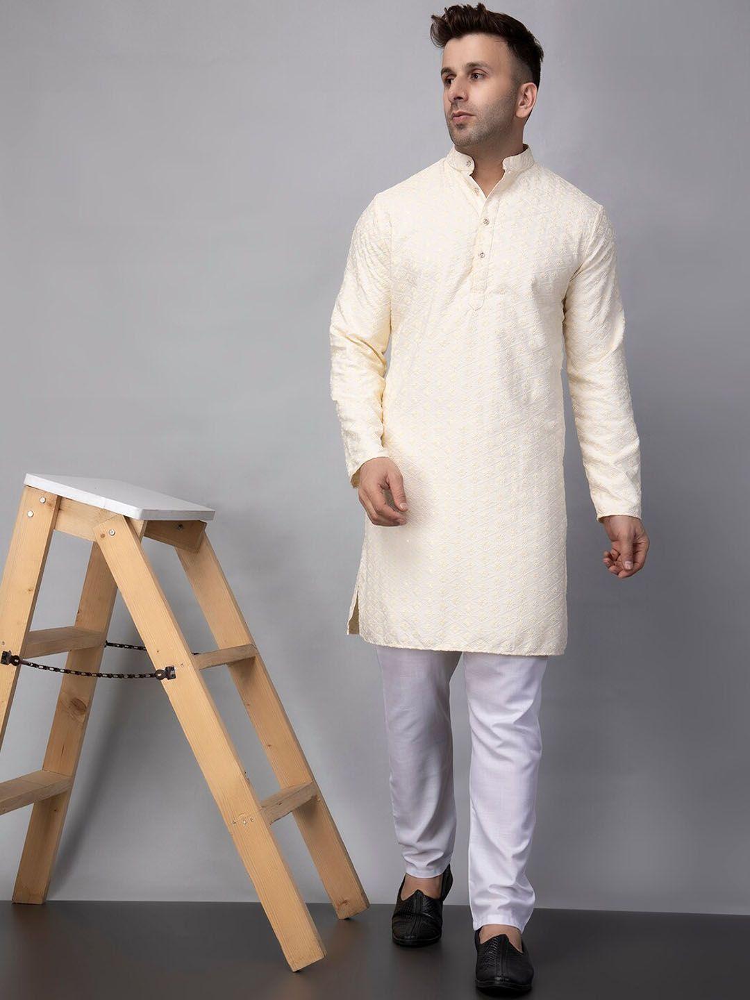 hangup trend mandarin collar geometric embroidered straight kurta with pyjamas