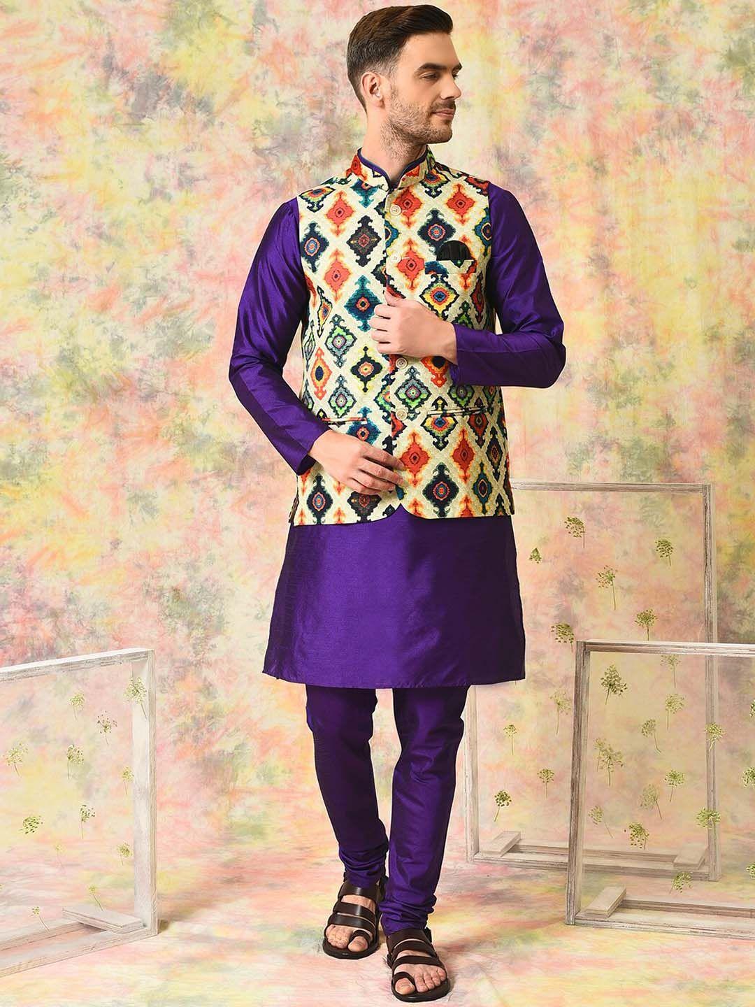 hangup trend mandarin collar straight kurta & pyjamas with nehru jacket