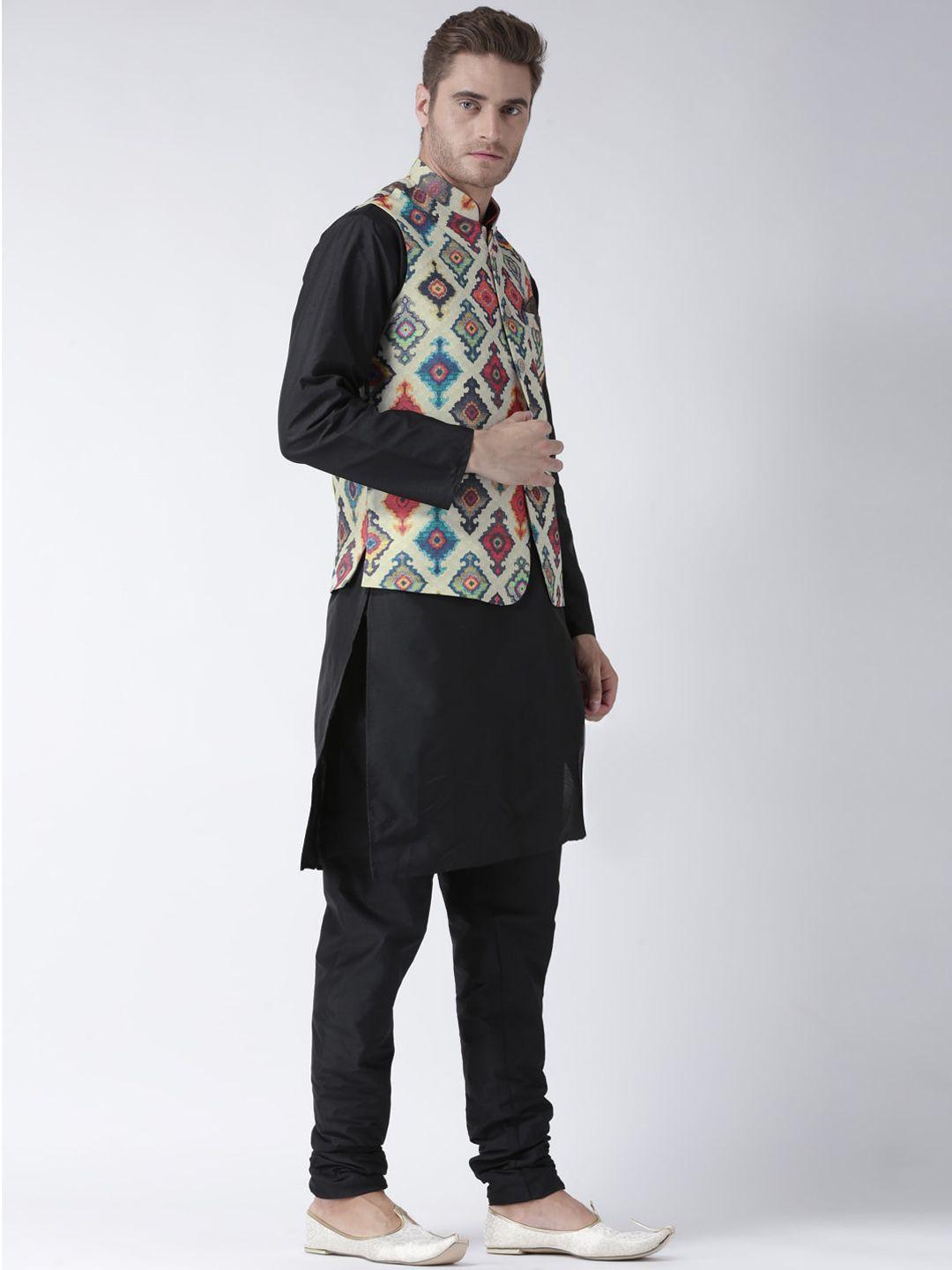 hangup trend men beige ethnic motifs printed kurta with pyjamas & nehru jacket
