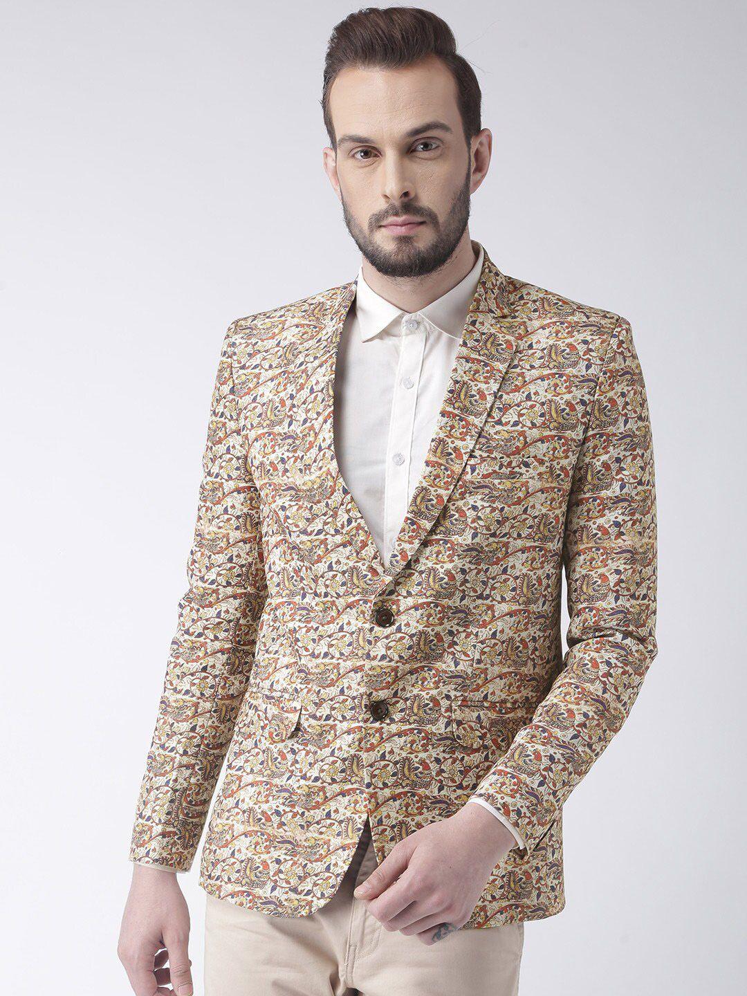 hangup trend men beige printed linen single breasted ethnic blazer