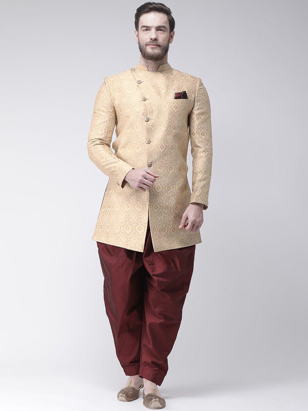 hangup trend men beige printed sherwani set