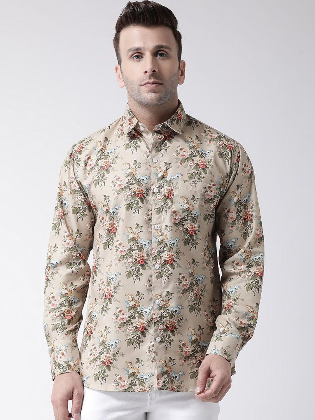 hangup trend men beige slim fit printed casual shirt