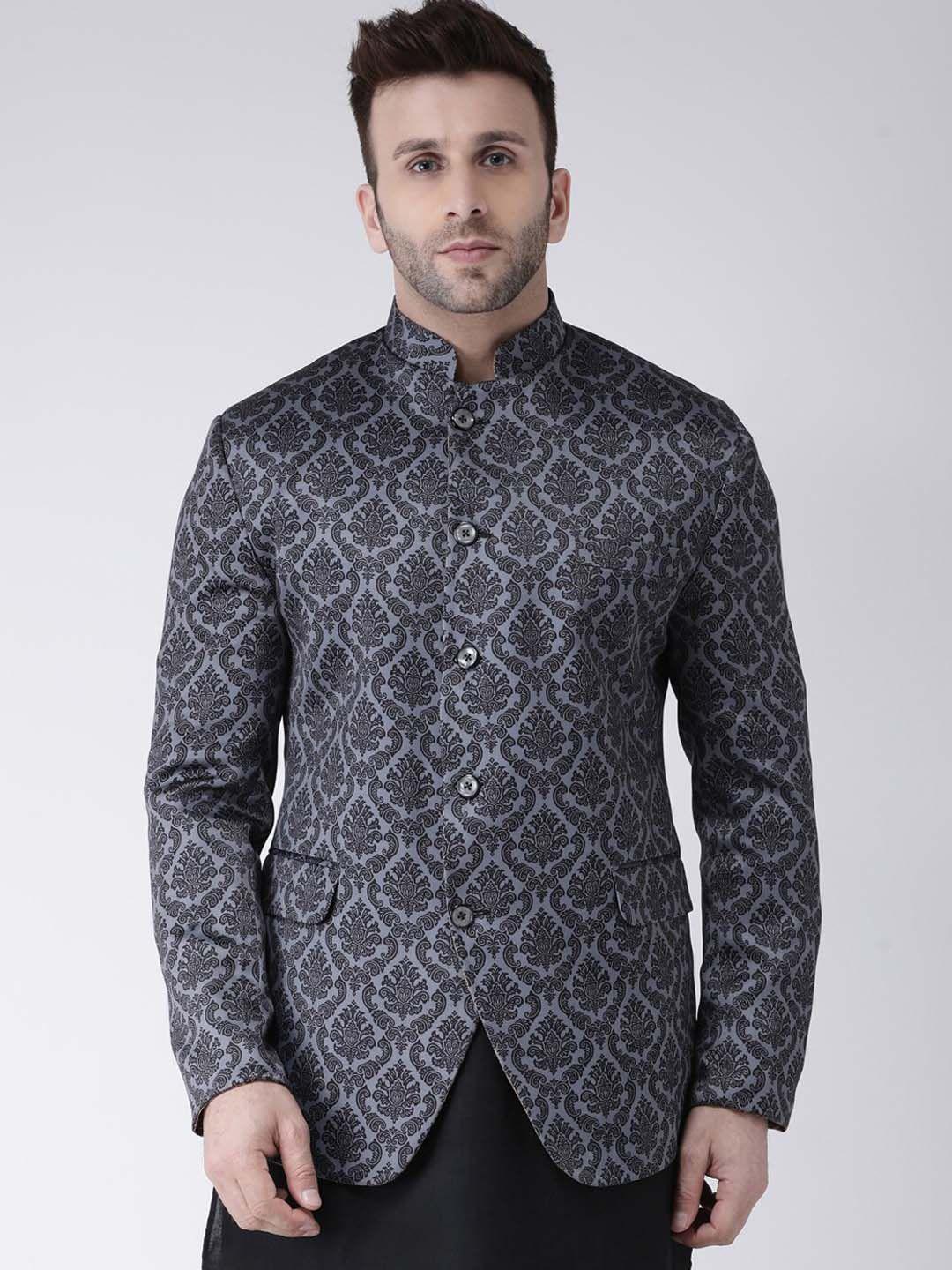 hangup trend men black & grey printed regular fit single breasted bandhgala ethnic blazer